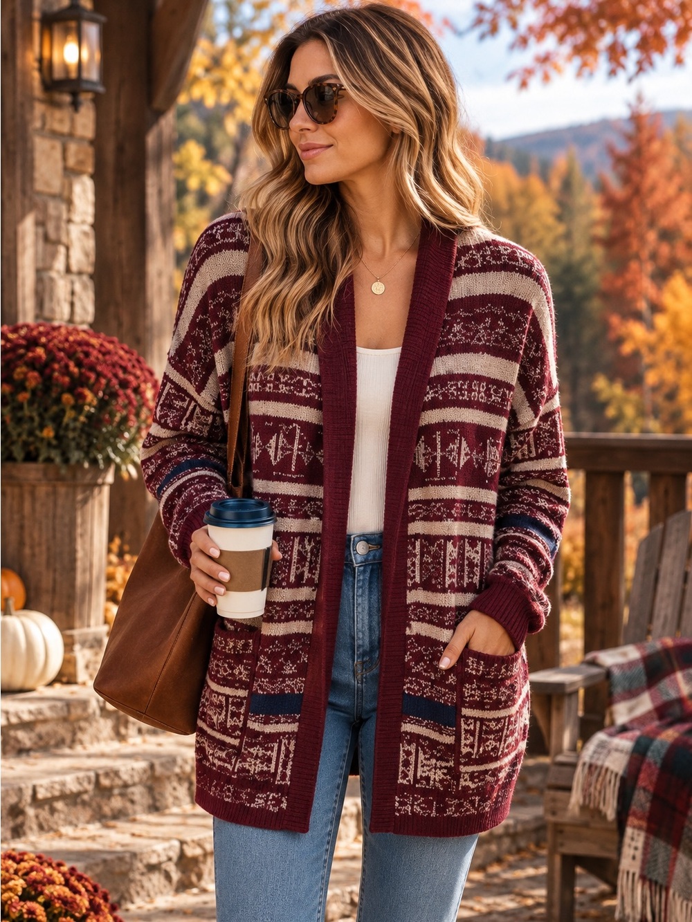 Y2K Aztec Billabong Maroon and Beige Knit Cabin Core Sweater size M Cotton blend